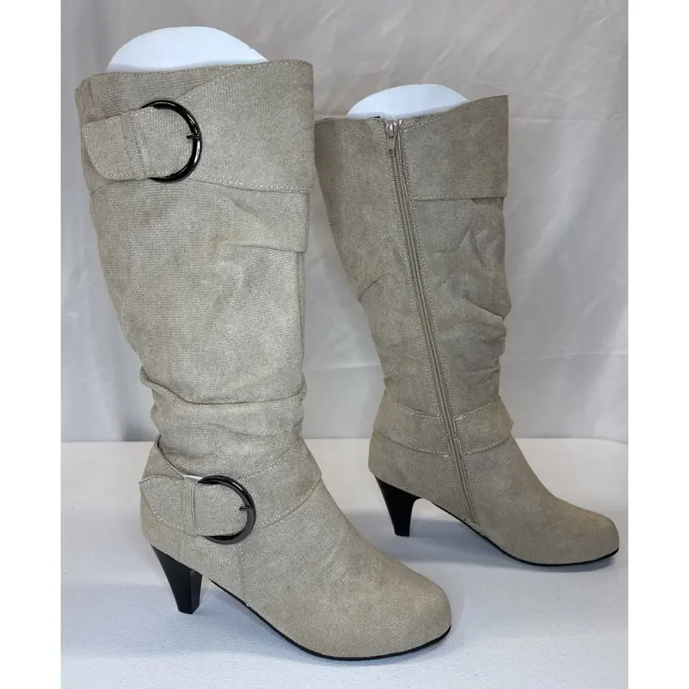 Women’s Suede Slouchy Knee High Boots Brown Buckle Kitten Heel EU 41 Fits US 8.5
